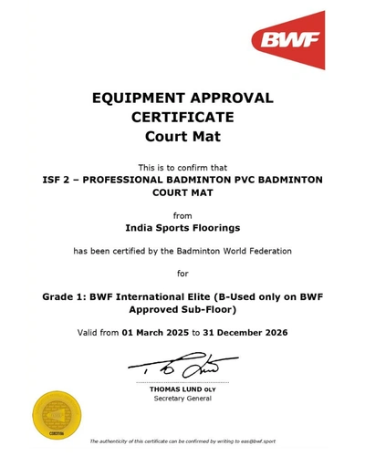 BWF Approved Court Mat Certificates