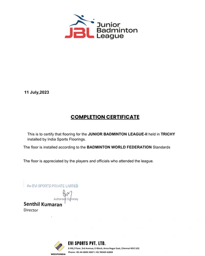 JUNIOR BADMINTON LEAGUE-II held in TRICHY Court COMPLETION CERTIFICATE