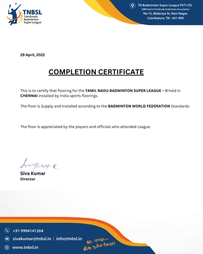 TAMIL NADU BADMINTON SUPER LEAGUE – II held in CHENNAI Court COMPLETION CERTIFICATE